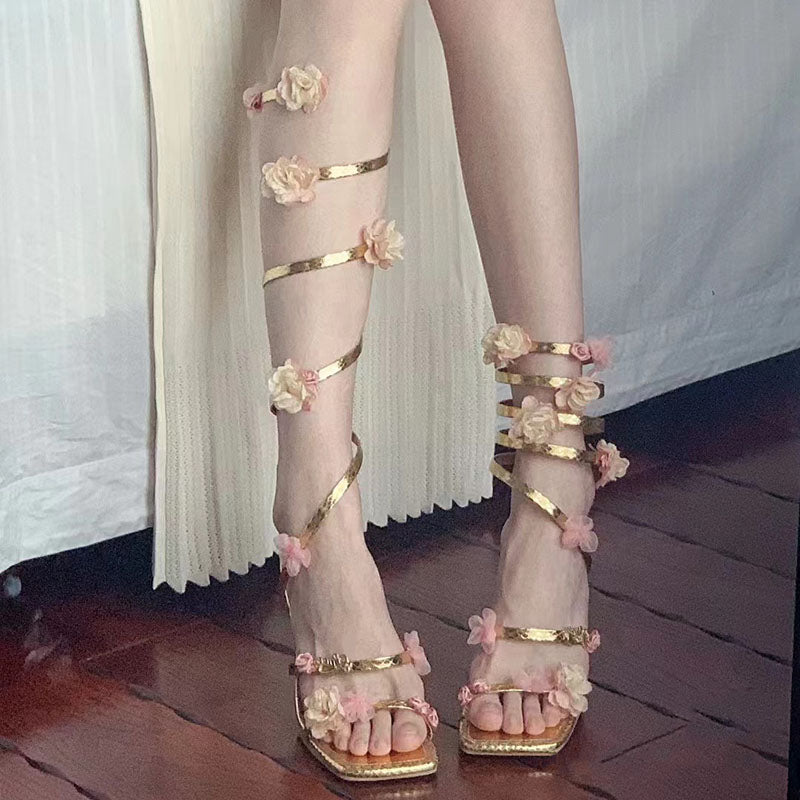 Golden Flower Roman Style Snake Winding Stiletto Sandals for Women - Jam Garden