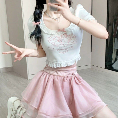 Angel lace sweet embroidered T-shirt