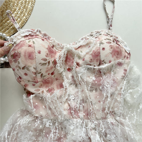 Fugitive princess girl sweet style pink suspender floral dress - Jam Garden
