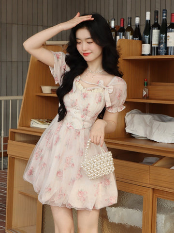 Pink floral skirt sweet bow short-sleeved dress