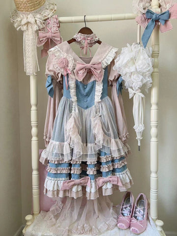 New original lolita blue and pink long-sleeved dress