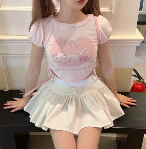 Pure Desire Cute Girl Fashion Age Reduction Pink Printed Shirring Top High Waist Ruffled Fluffy Skirt Suit - Jam Garden