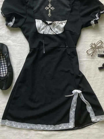 Original Puff Sleeve Black Square Neck Dress