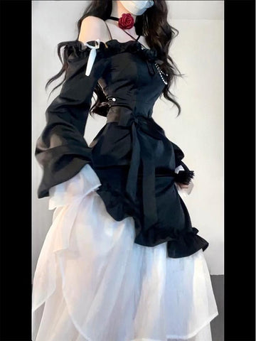 French Hepburn style long sleeve dress fishtail skirt