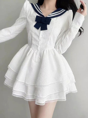 Bow Navy Collar Puffy Dress