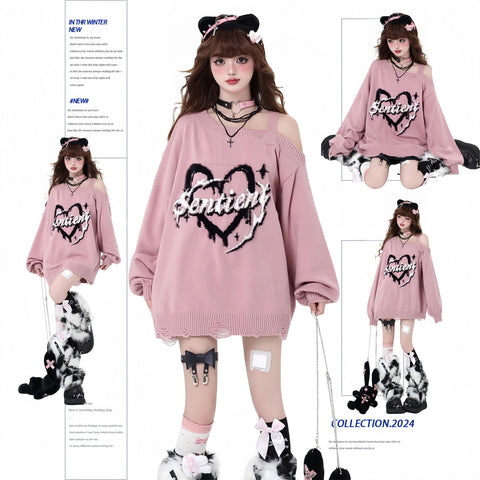 Original subculture off-shoulder loose girls autumn and winter knitted sweater