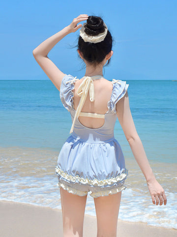 Cute bow-knot whitening student one-piece swimsuit