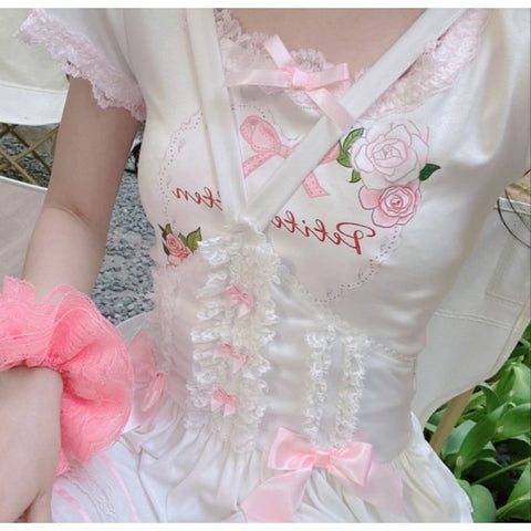 Little Cute T-Shirt Short-Sleeved Summer All-Match French Princess Sweet Wind Print Slim Fit Top - Jam Garden