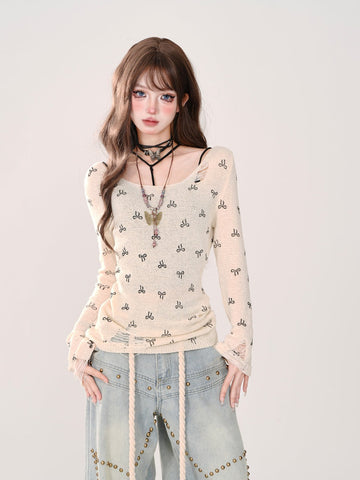 kellykitty bow holed sweater thin long-sleeved top