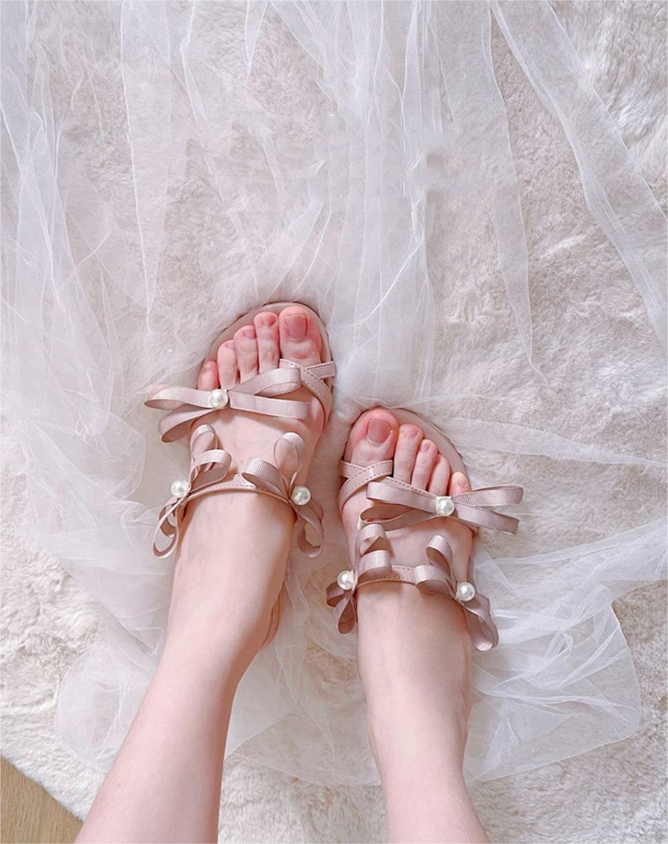 Ballet Style Bowknot Pearl Strap Sandals New Sweet Flat Sandals And Slippers Summer - Jam Garden