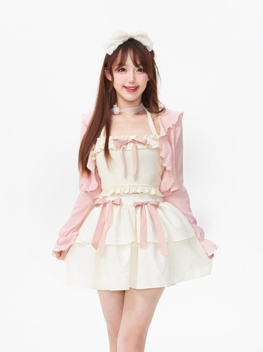 Milk Peach Sweetheart Ballet Style Suit Sweet Cardigan + Sling Cake Skirt - Jam Garden