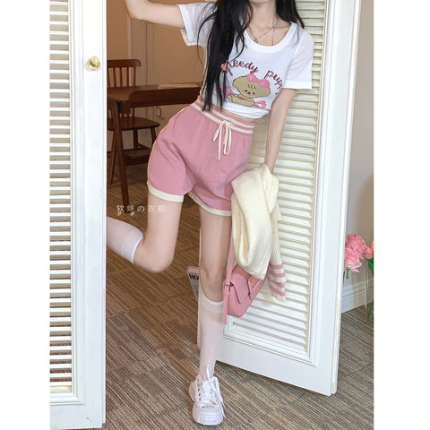 Cartoon printed short pink sports style knitted shorts