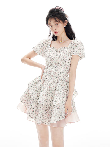 White Square Neck Floral Dress Bow Knot Princess Puff Dress - Jam Garden