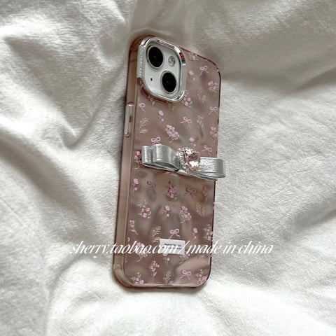 Pink gold small floral rhinestone bow phone case
