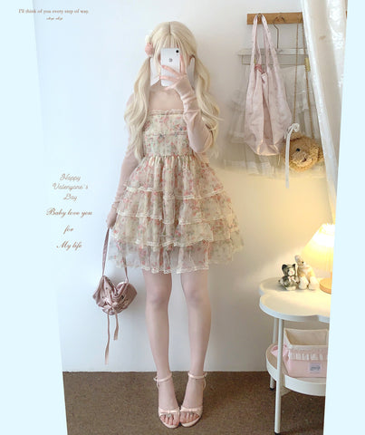 sleepingdoll Mesh Layered Print Cake Pearl Suspender Skirt