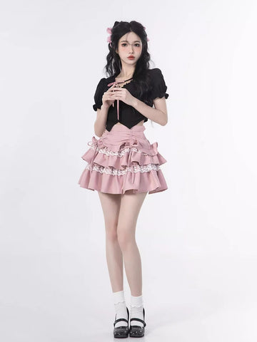 Summer New Style Square Neck Puff Sleeve Top High Waist Skirt Cake Skirt Two Piece Set