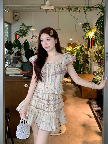 Sweet style women's summer temperament small flying sleeve floral suit