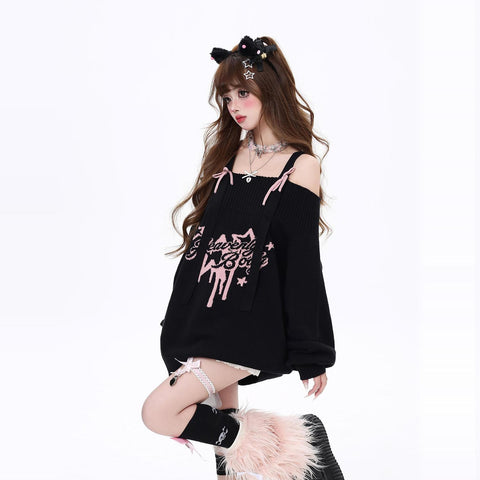 Original sweet and cool bow shoulder loose sweater