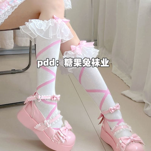 Japanese style loli calf socks cross lace socks