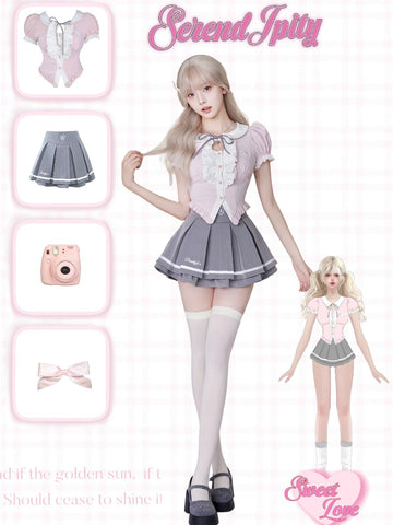 Serendipity Hanwon daughter pink top + gray skirt