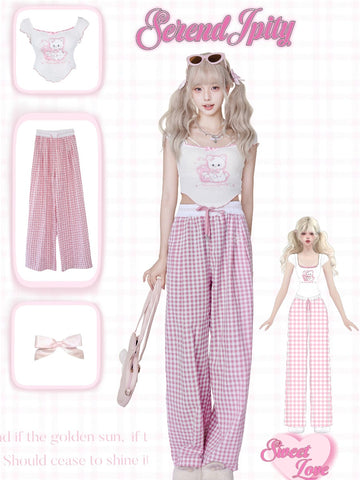 Serendipity Pink plaid sweetheart beige top + pink plaid pants