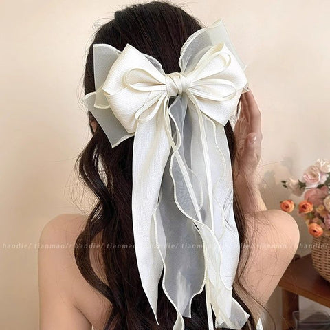 Oversized Jasmine White Mesh Bow Ribbon Hairpin