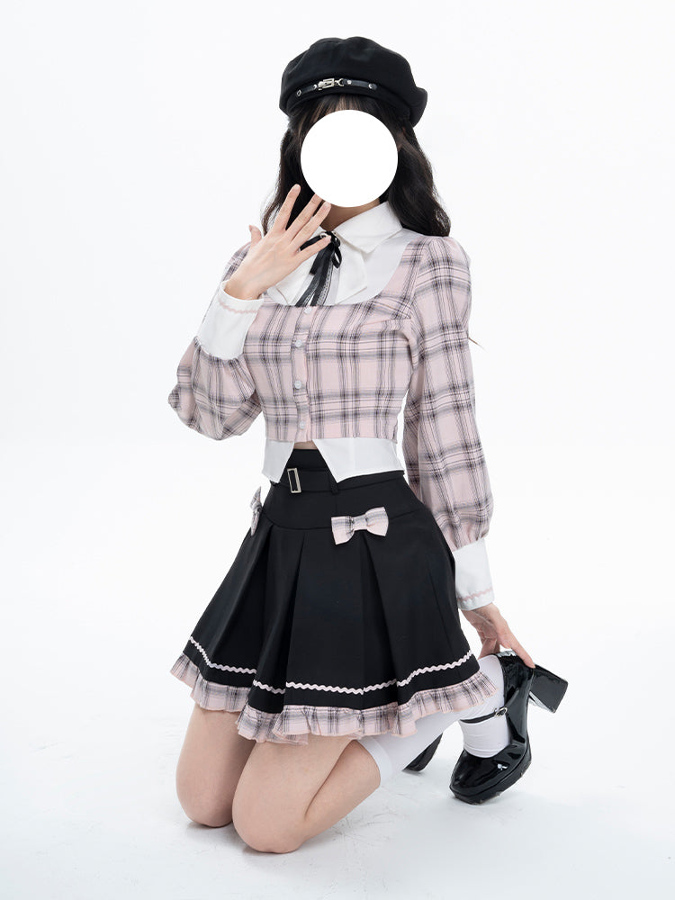 College Style Retro Plaid Shirt Fake Two-piece Pleated Skirt Suit