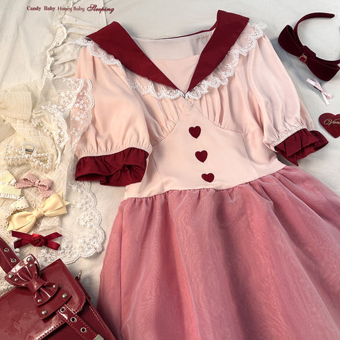 sleepingdoll Heart Button Pink Sailor Collar Sweet Girl Dress