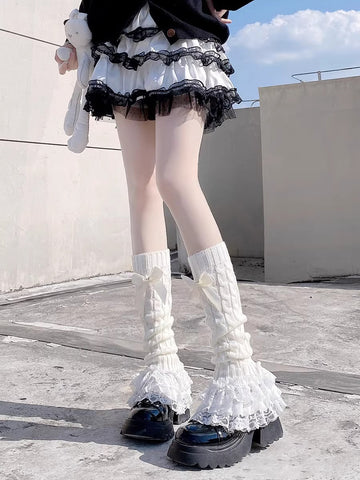 Lolita Floral Lace Thigh-High Socks Cute Japanese Style Bowtie
