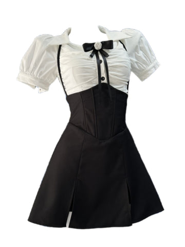 Black herringbone waist tie skirt suit