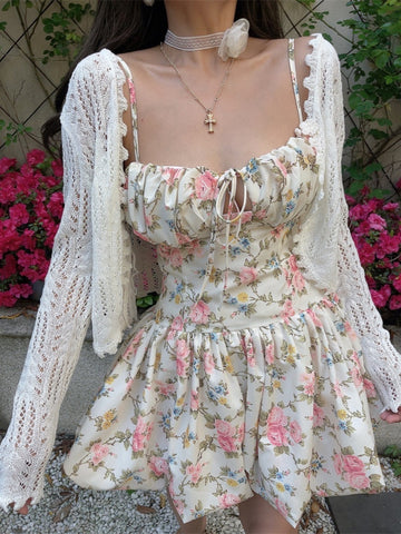 French style chest strap waist palace style floral dress