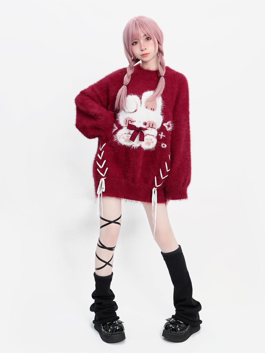 Christmas and New Year Heavy Industry Sweater Thickened Autumn and Winter Bell Sleeves Tie Rope Mid-Length Style