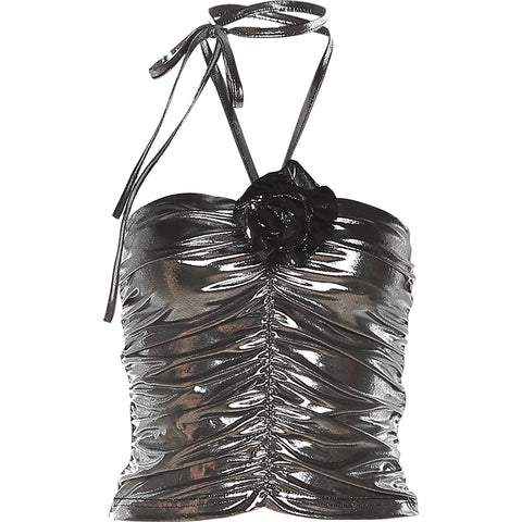 Homemade Shiny Halter Vest with Strappy Strappy Pleated Distressed Crop Top - Jam Garden