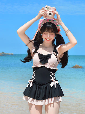 Sweet bow black and pink student one-piece swimsuit