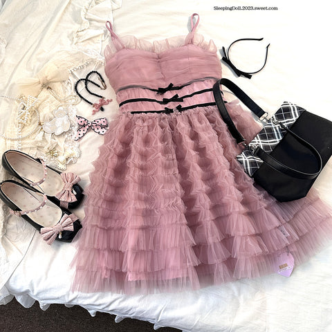 sleepingdoll Elegant Layered Cake Bow Sling Dress