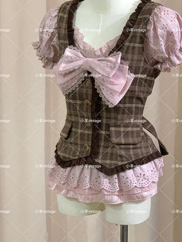 Bow Lace Top Pink Plaid Vest Jacket