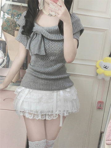 Design sense spring and autumn new bow short-sleeved T-shirt suit