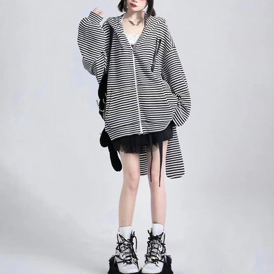 Autumn New Cute Loose Casual Striped Rabbit Ears Knitted Hooded Cardigan Jacket Design Sense Tops - Jam Garden