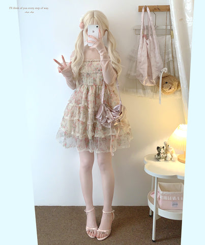 sleepingdoll Mesh Layered Print Cake Pearl Suspender Skirt