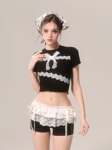 Black lace original design bow versatile skirt