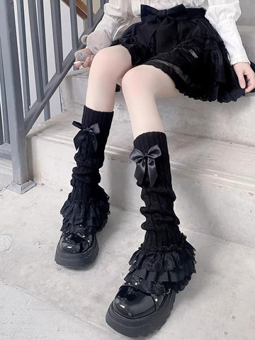 Lolita Floral Lace Thigh-High Socks Cute Japanese Style Bowtie
