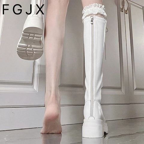 Women's super leg-lengthening lace-up white boots