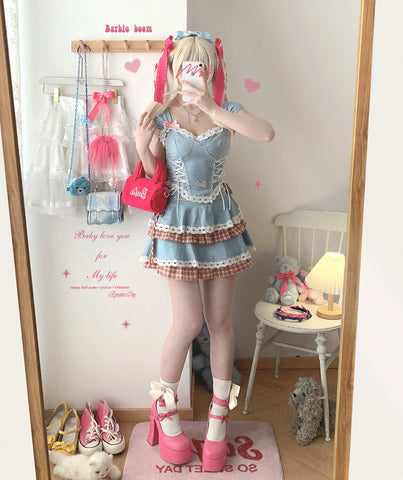 Sleepingdoll Plaid patchwork denim bow suspender skirt suit