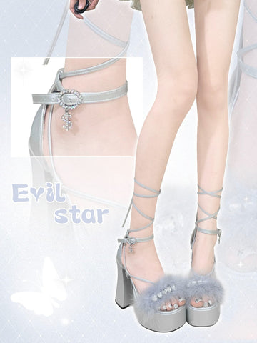 Y2K thick-soled silver powder thick heels strappy hot girl high heels