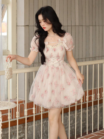 Pink floral skirt sweet bow short-sleeved dress