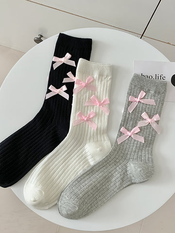 pink bow socks for women mid-calf socks