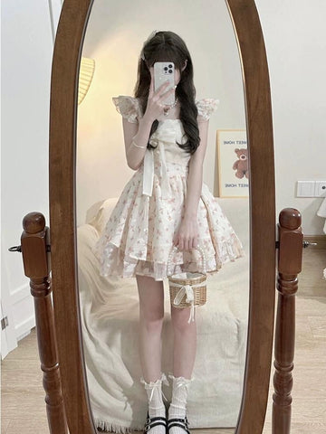Sweet flying sleeves bow floral summer dress
