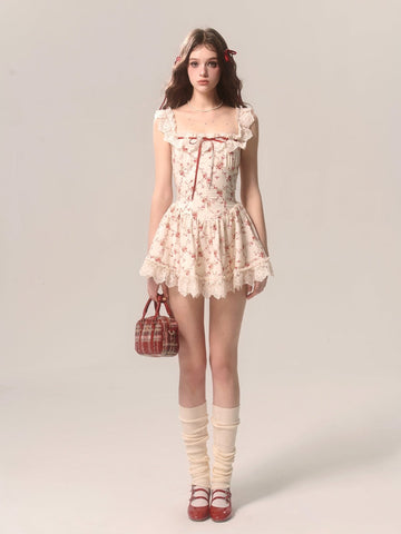 Spring and summer new small floral French lace camisole dress
