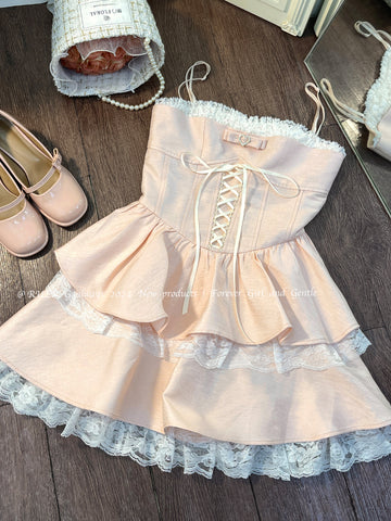 Sweet pink suspender dress cake dress slim lace princess dress
