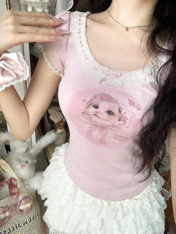 Bobon21 Garden Doll Waist Cat Print Lace Short Sleeve T-shirt